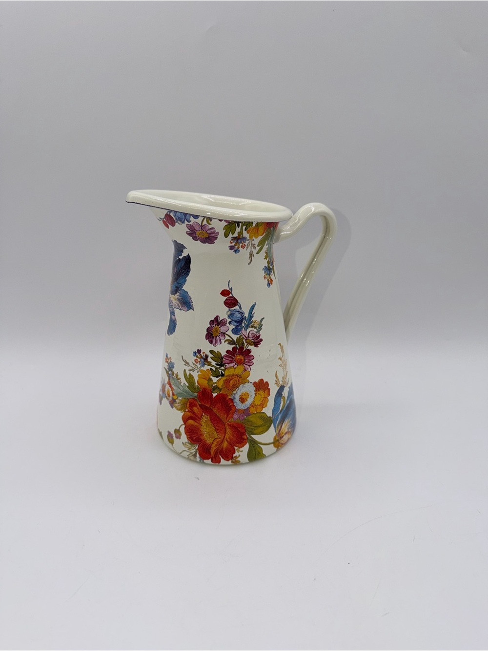 MacKenzie-Childs White Ceramic Pitcher with Red, Blue & Yellow Floral Motif